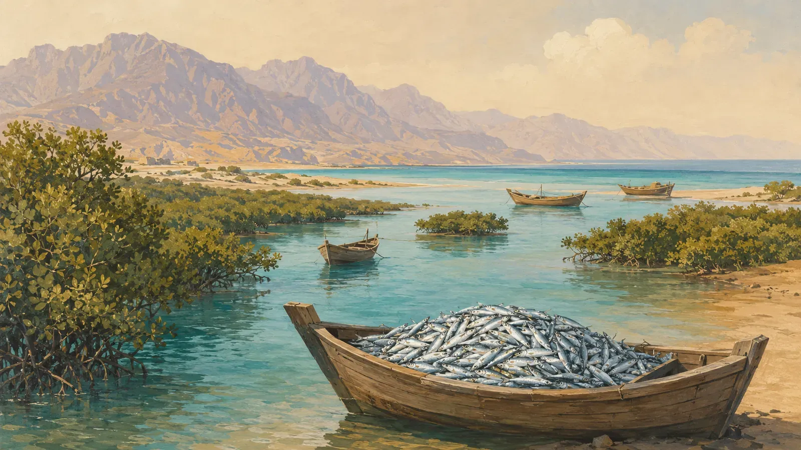 Illustrated coastal scene evoking United Arab Emirates — the home of Safi