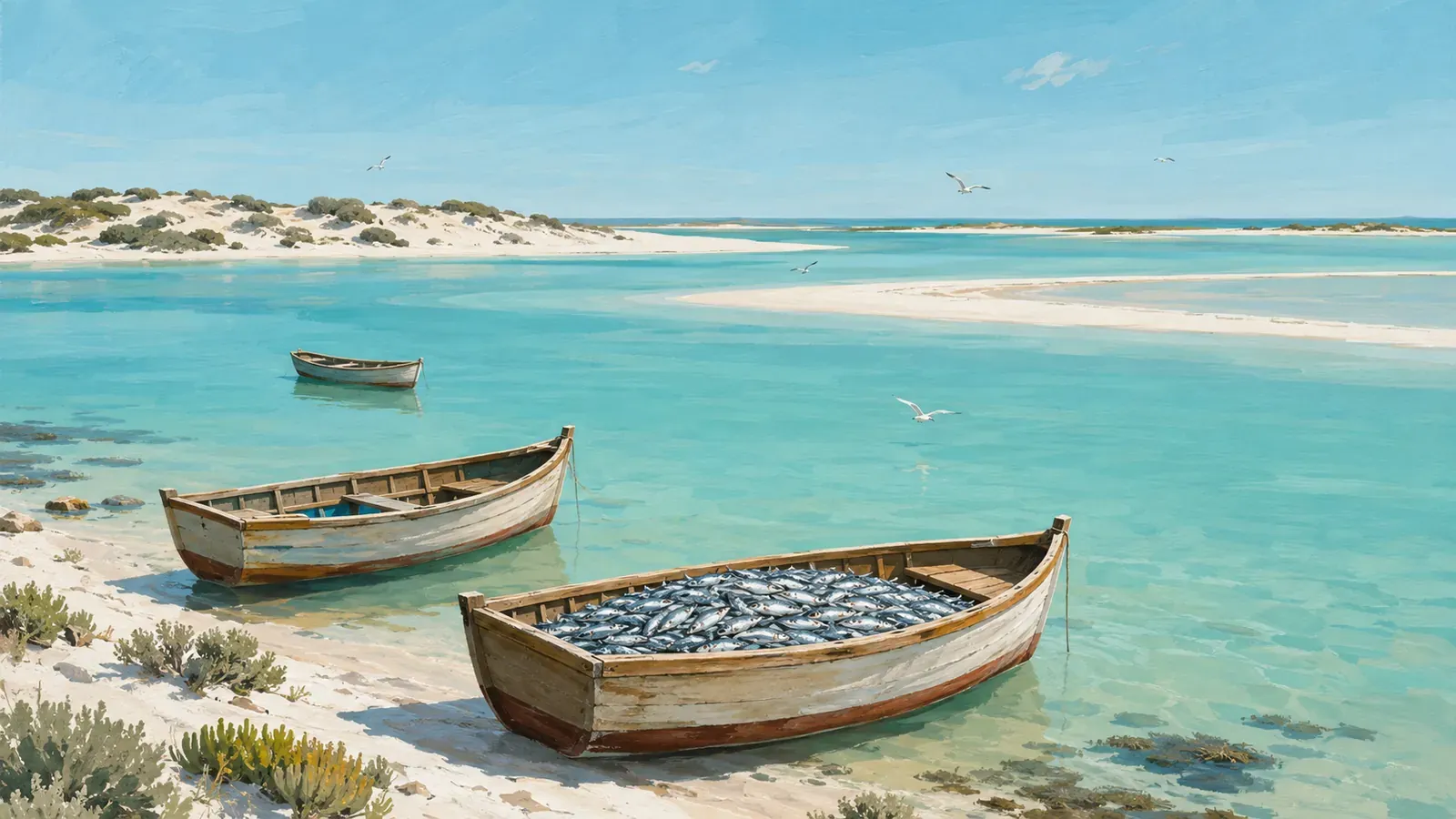 Illustrated coastal scene evoking South Africa — the home of Saldanha