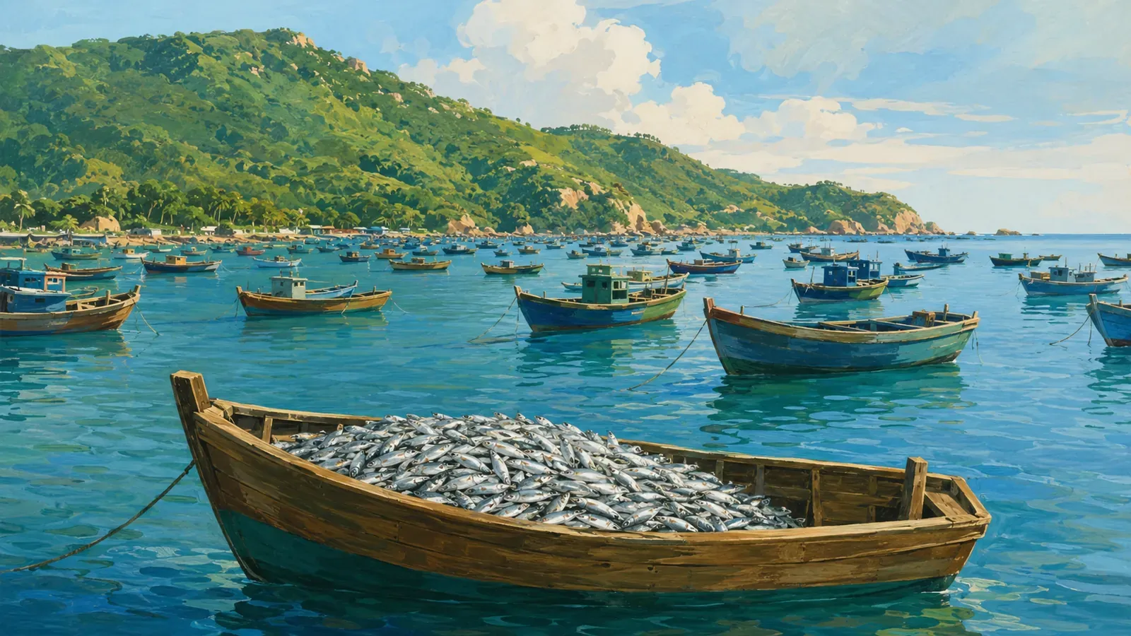 Illustrated coastal scene evoking Vietnam — the home of SEASPIMEX