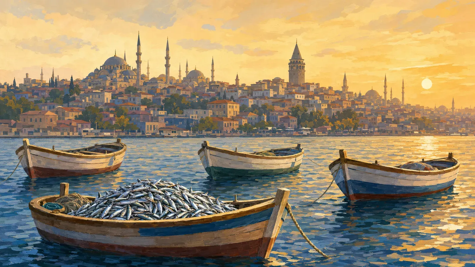 Illustrated coastal scene evoking Turkey — the home of Tada