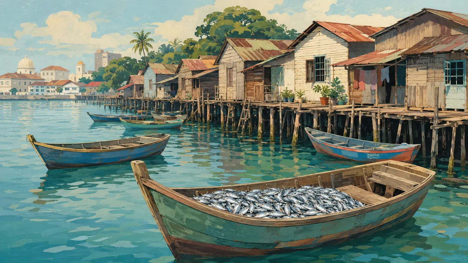 Illustrated coastal scene evoking Malaysia — the home of TC Boy