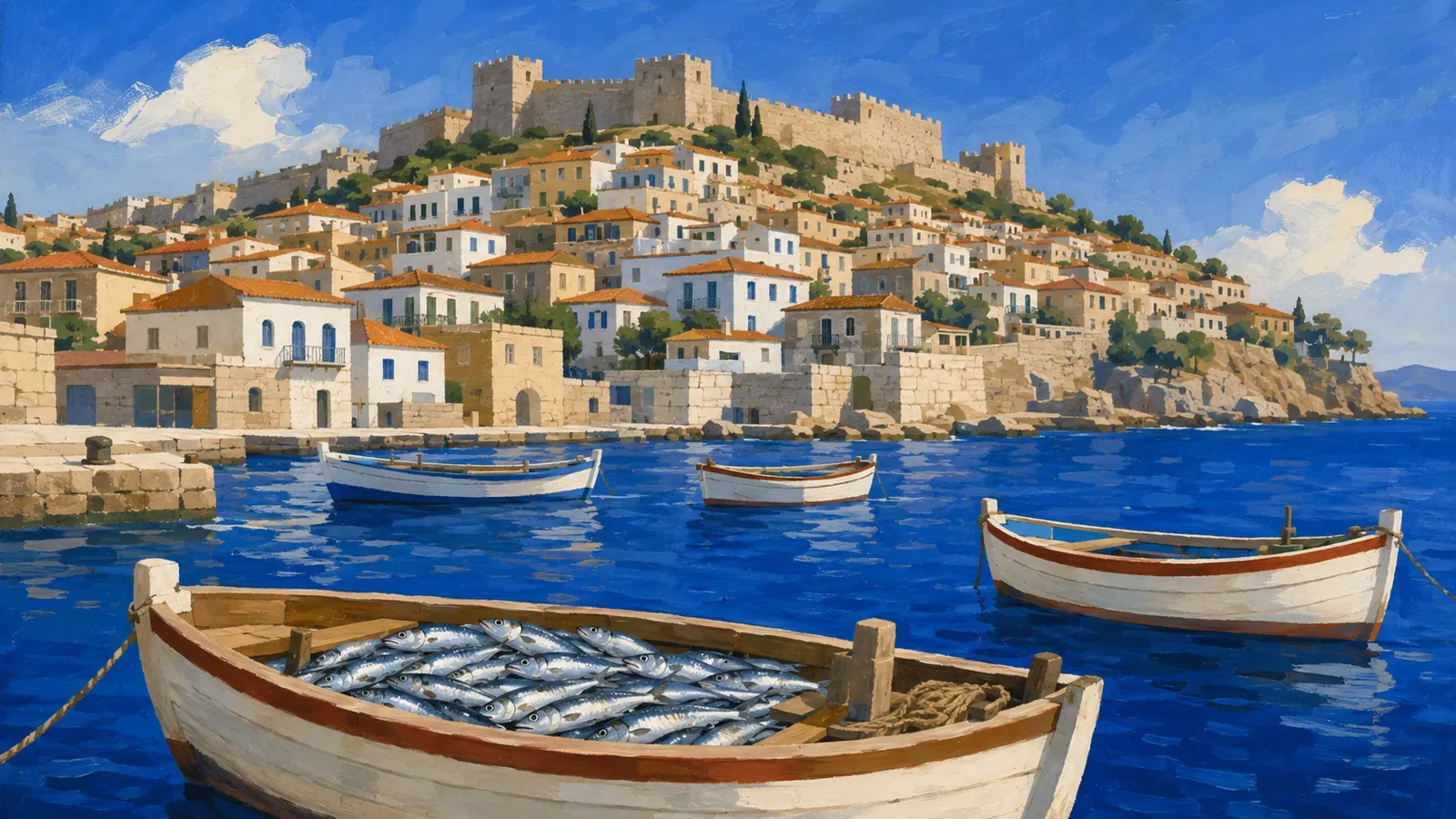 Illustrated coastal scene evoking Greece — the home of Trata