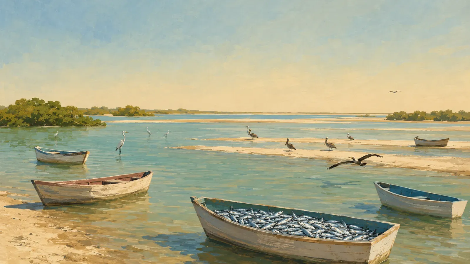 Illustrated coastal scene evoking Mexico — the home of Yavaros